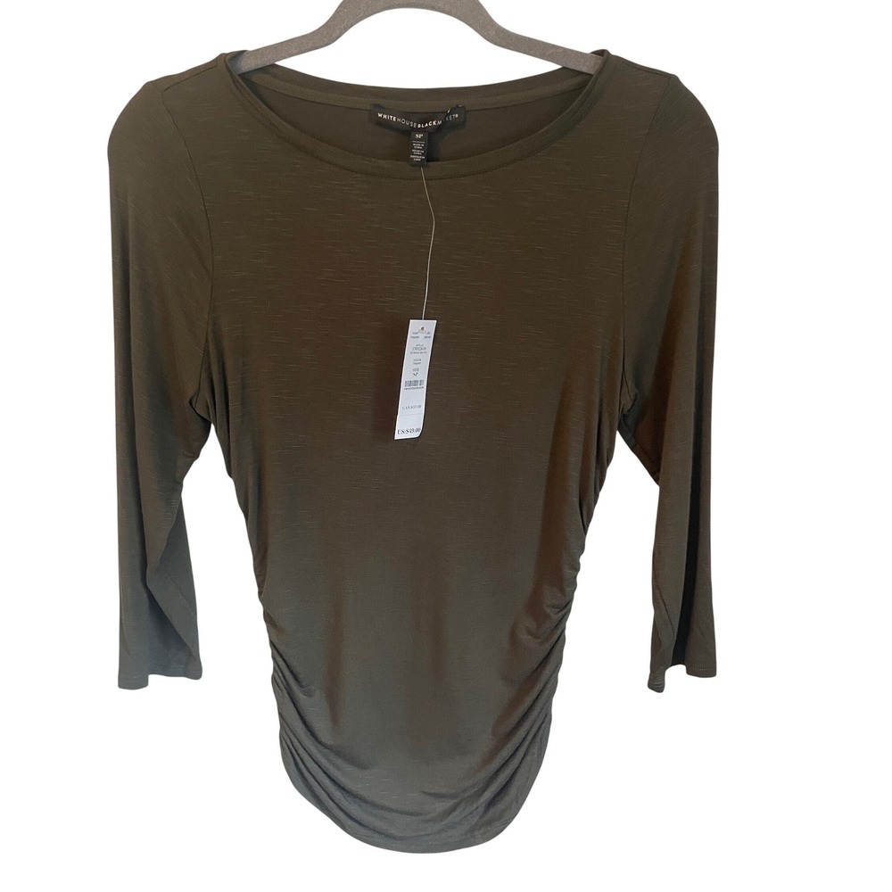 White House Black Market Olive Green Ruched Side 3/4 Sleeve Top NWT Size SP